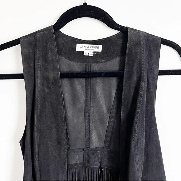Lamarque Sonia Black Suede Leather Fringe Vest XS